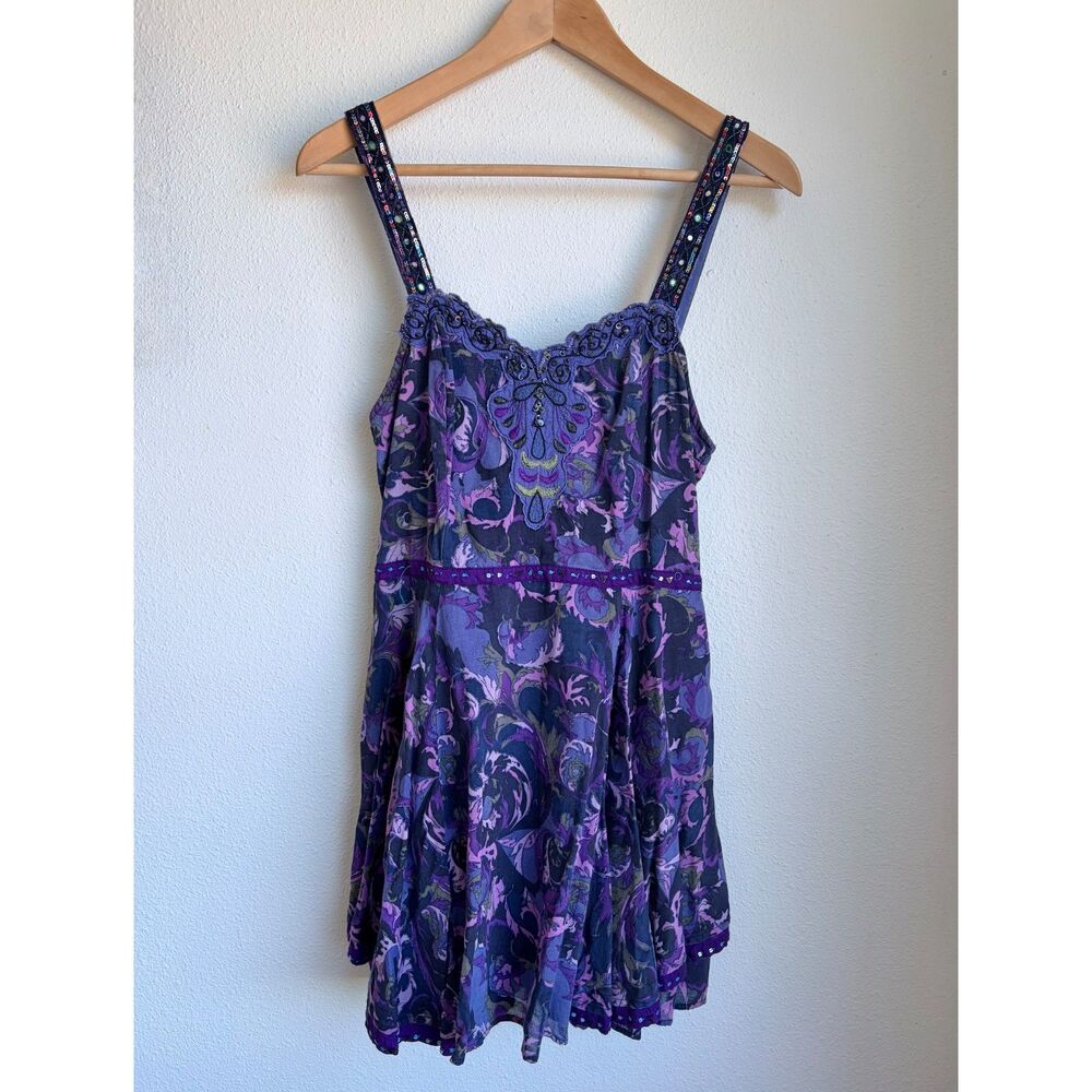 FREE PEOPLE Vtg Y2K Purple Paisley Beads Embroidery Babydoll Mini Dress Womens 8